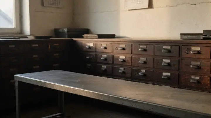 An empty steel bench in a parts room with wooden drawers along the wall