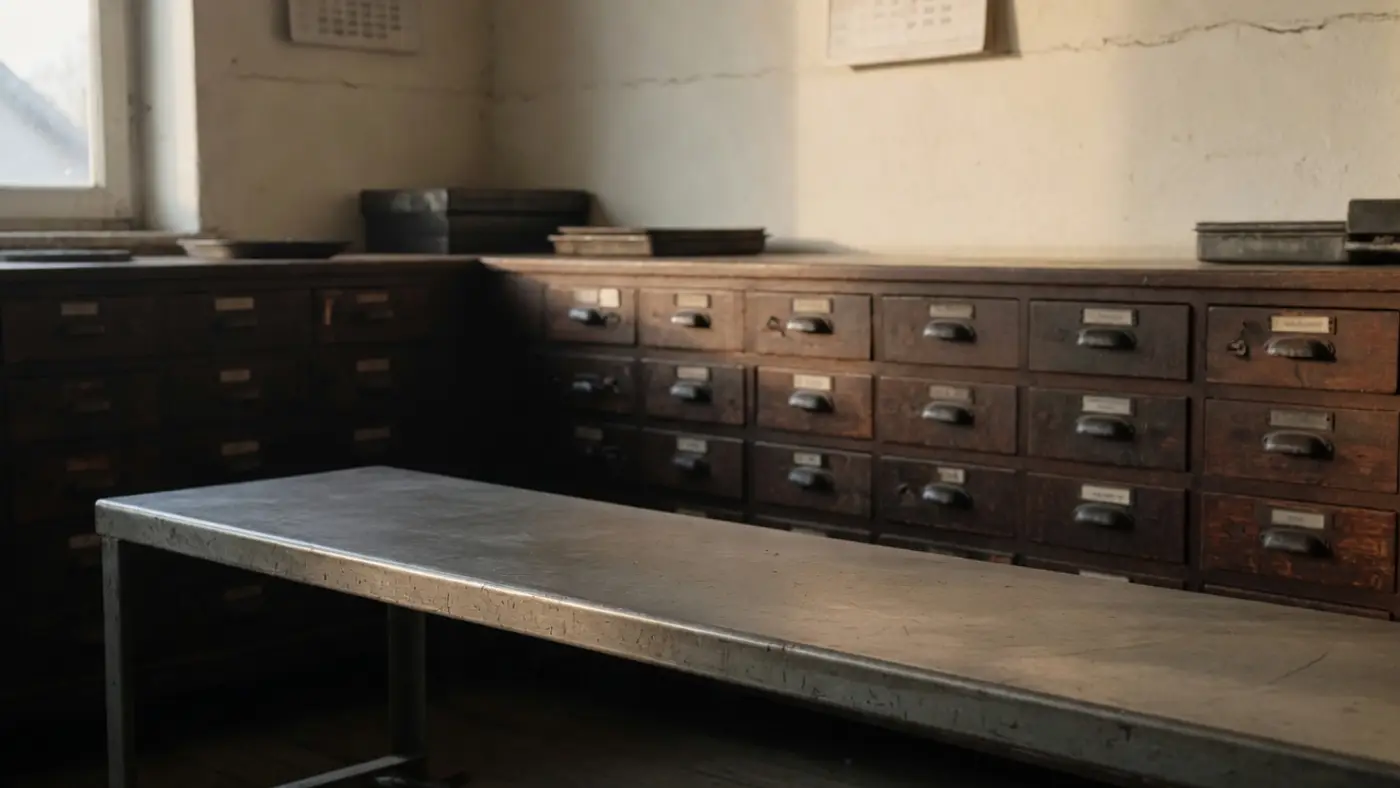 An empty steel bench in a parts room, with wooden drawers along the wall