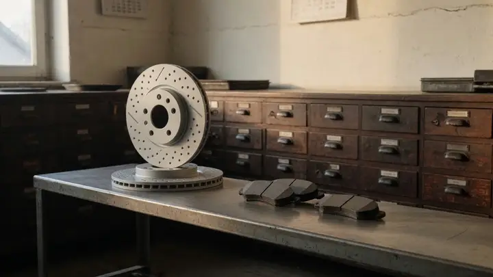 A brake disc and brake pads on a steel bench in a parts room