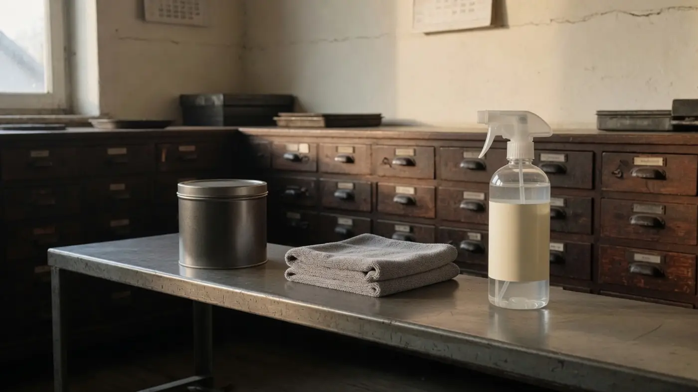 A metal tin, a folded cloth, and a blank spray bottle on a steel bench
