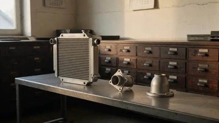 A small radiator core and thermostat housings on a steel bench