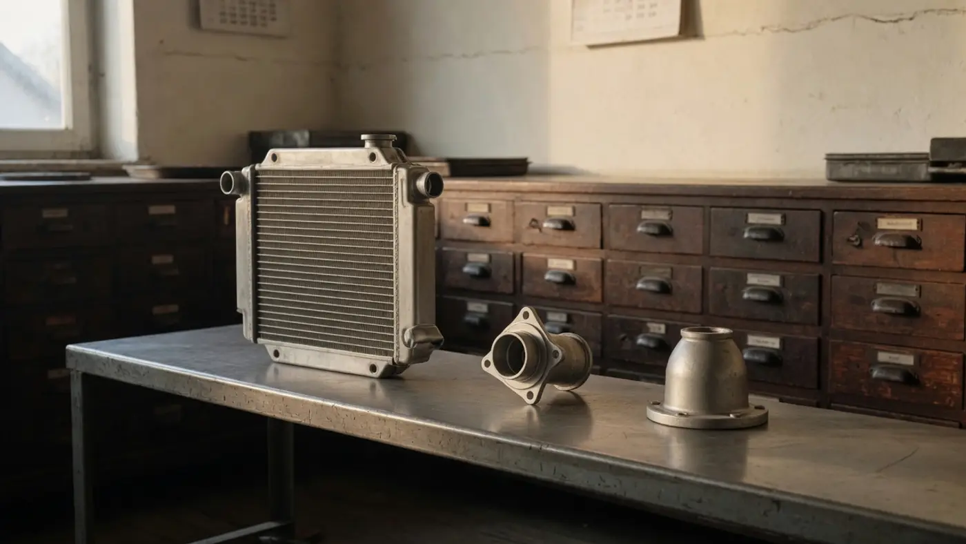 A small radiator core and thermostat housings on a steel bench