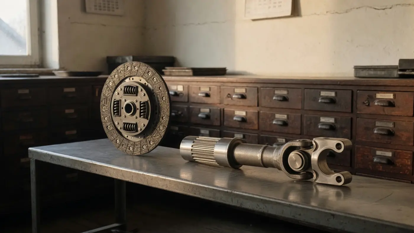 A clutch disc and a driveshaft yoke on a steel bench