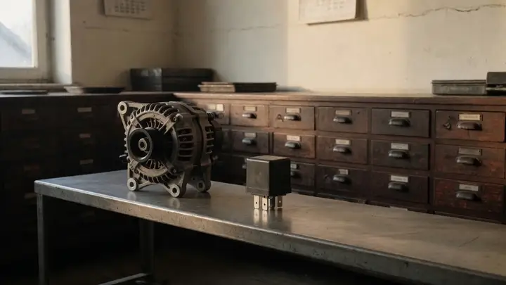 An alternator and a relay on a steel bench