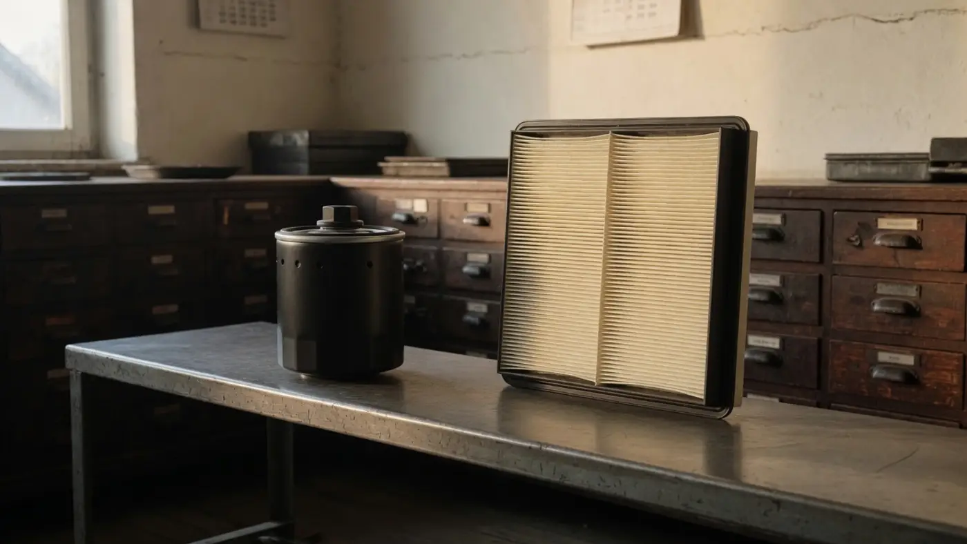 An oil filter and a pleated air filter on a steel bench