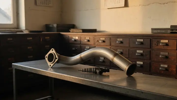 A curved exhaust pipe and a fuel injector on a steel bench