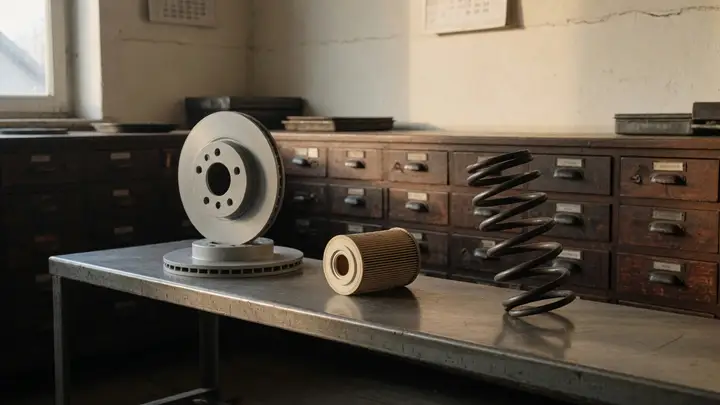 A brake disc, an oil filter, and a coil spring on a steel bench