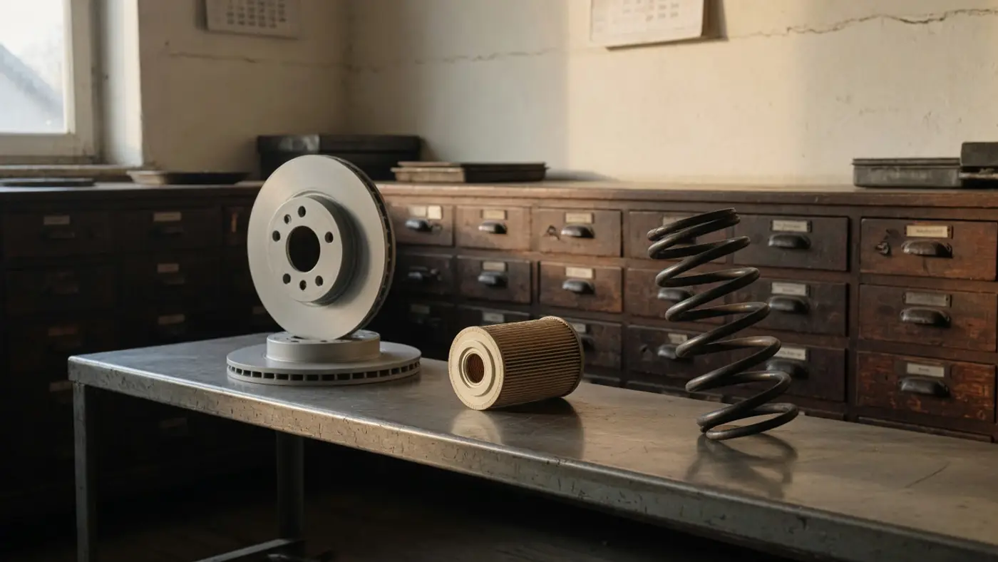 A brake disc, an oil filter, and a coil spring on a steel bench in a parts room