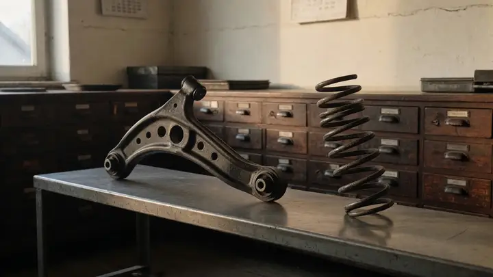 A control arm and a coil spring on a steel bench