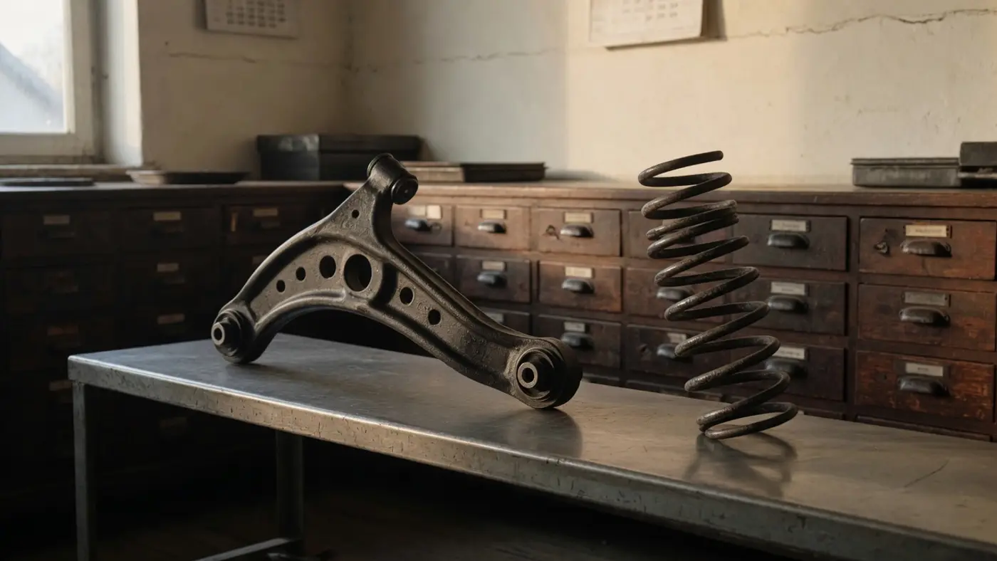 A control arm and a coil spring on a steel bench