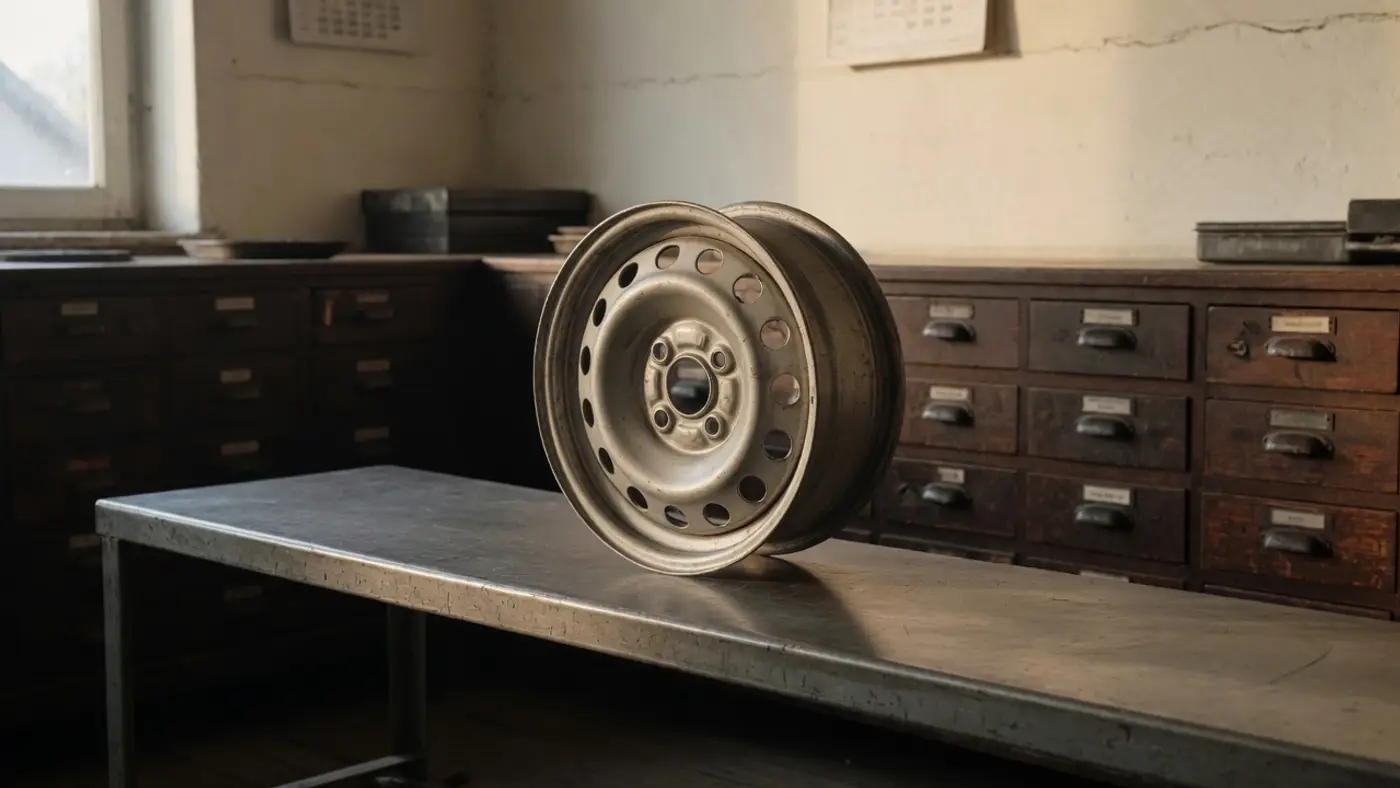 A bare steel wheel standing on a bench